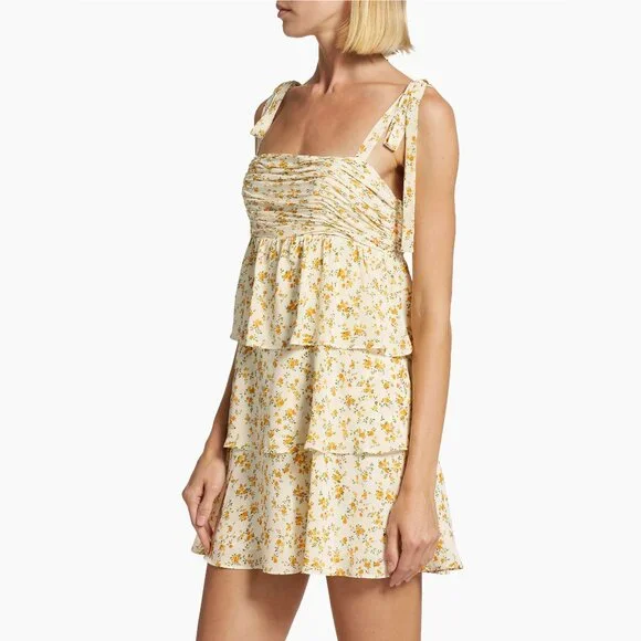 Reformation Avni Ruched Babydoll Mini Dress - White & Yellow Floral Print - XL - Picture 5 of 16